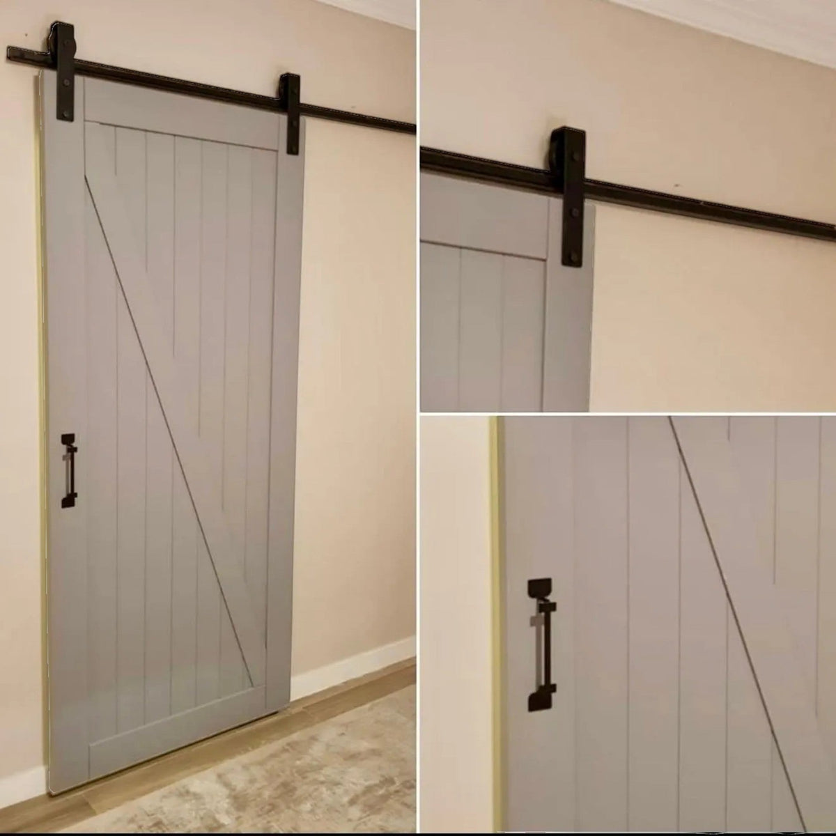 Sürgü Sistemleri Fular model gri ahşap kapı ve siyah metal raylı sürgü mekanizması